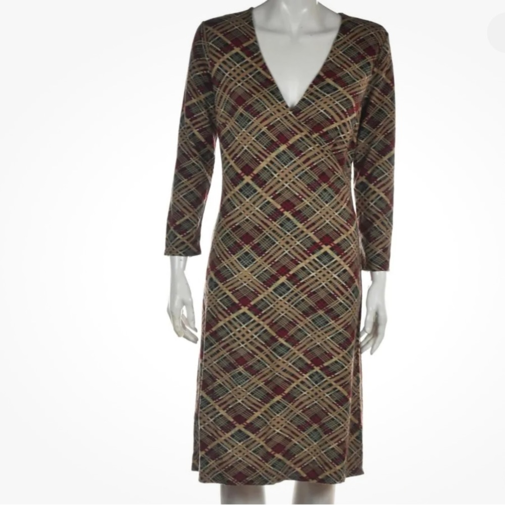 Ann Taylor Loft Brown Beige Plaid Print Faux Wrap Fit and Flare Dress with Belt